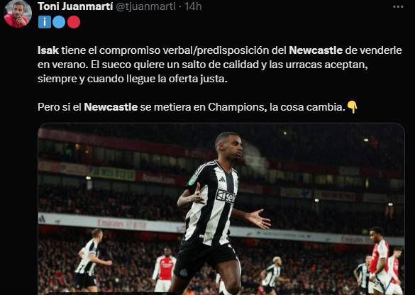 纽卡斯尔套现伊萨克 5000万降价